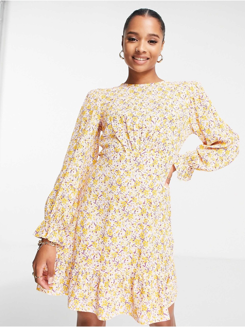 Nobody’s Child Petite Serena Floral Mini Dress Yellow Long Sleeve Ruffle 6